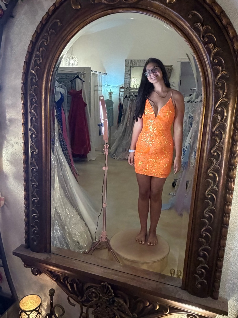 Orange Sequin V-Neck Bodycon Dress
